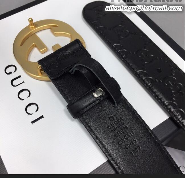 Grade Gucci GG Signature Leather Belt Width 40mm with Gold Interlocking G Buckle 11339 Black