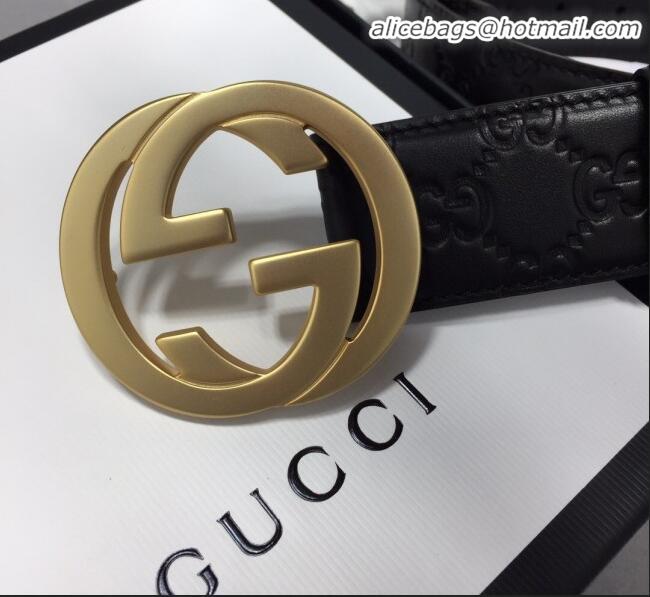 Grade Gucci GG Signature Leather Belt Width 40mm with Gold Interlocking G Buckle 11339 Black