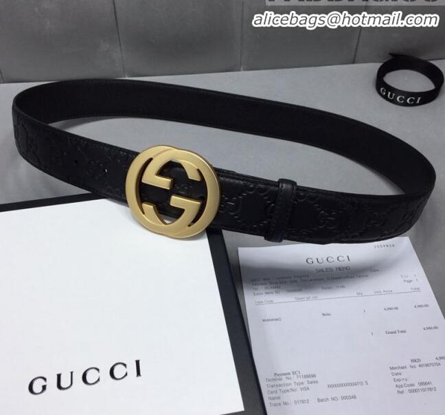 Grade Gucci GG Signature Leather Belt Width 40mm with Gold Interlocking G Buckle 11339 Black