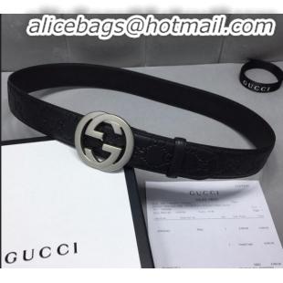 Cheapest Gucci GG Signature Leather Belt Width 40mm with Silver Interlocking G Buckle 11340 Black