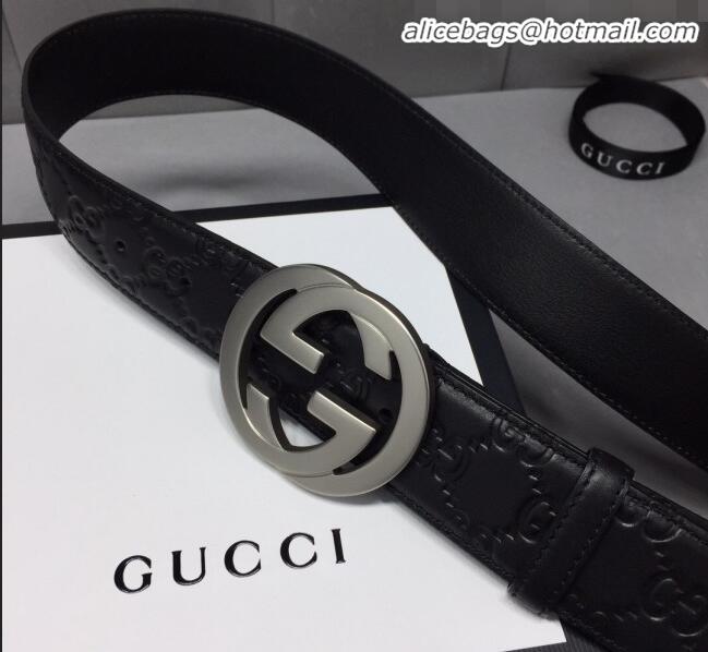 Cheapest Gucci GG Signature Leather Belt Width 40mm with Silver Interlocking G Buckle 11340 Black