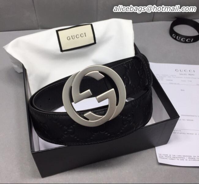 Cheapest Gucci GG Signature Leather Belt Width 40mm with Silver Interlocking G Buckle 11340 Black