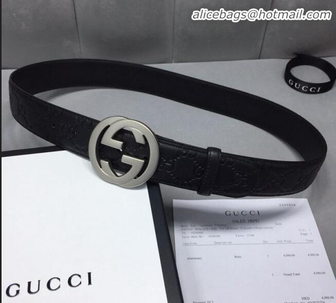 Cheapest Gucci GG Signature Leather Belt Width 40mm with Silver Interlocking G Buckle 11340 Black