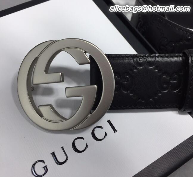 Cheapest Gucci GG Signature Leather Belt Width 40mm with Silver Interlocking G Buckle 11340 Black