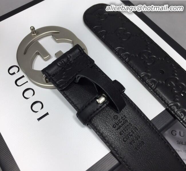 Cheapest Gucci GG Signature Leather Belt Width 40mm with Silver Interlocking G Buckle 11340 Black