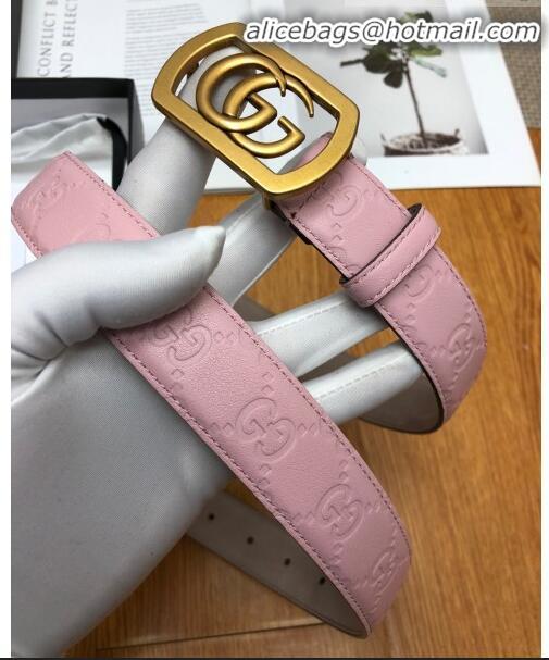 Low Cost Gucci GG Signature Leather Belt Width 30mm with Framed GG Buckle 12047 Pink