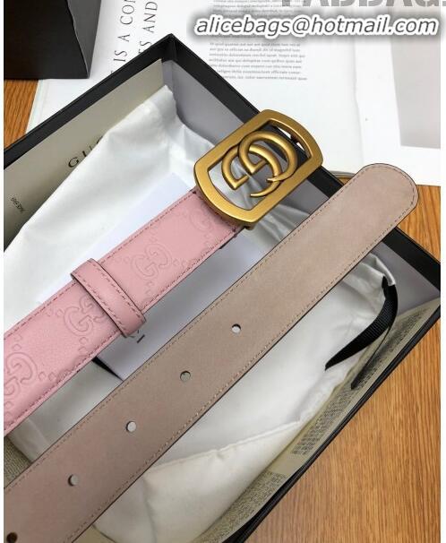 Low Cost Gucci GG Signature Leather Belt Width 30mm with Framed GG Buckle 12047 Pink