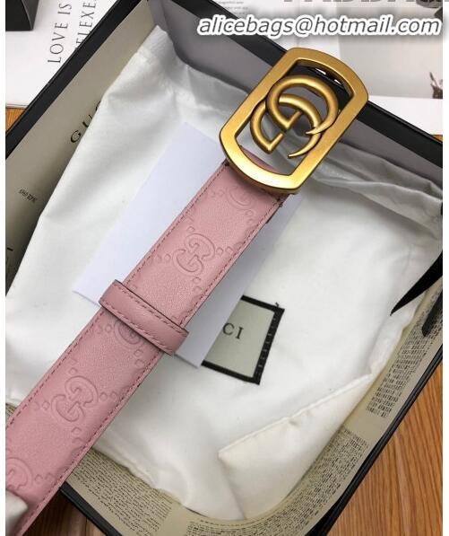 Low Cost Gucci GG Signature Leather Belt Width 30mm with Framed GG Buckle 12047 Pink