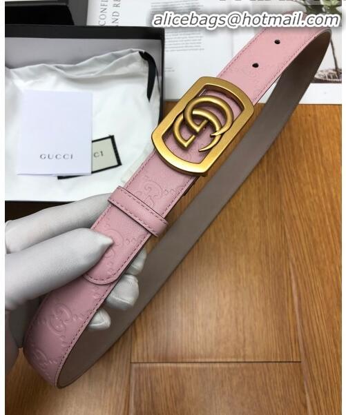 Low Cost Gucci GG Signature Leather Belt Width 30mm with Framed GG Buckle 12047 Pink