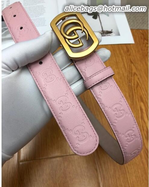 Low Cost Gucci GG Signature Leather Belt Width 30mm with Framed GG Buckle 12047 Pink