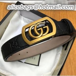 Discount Gucci GG Signature Leather Belt Width 30mm with Framed GG Buckle 12048 Black