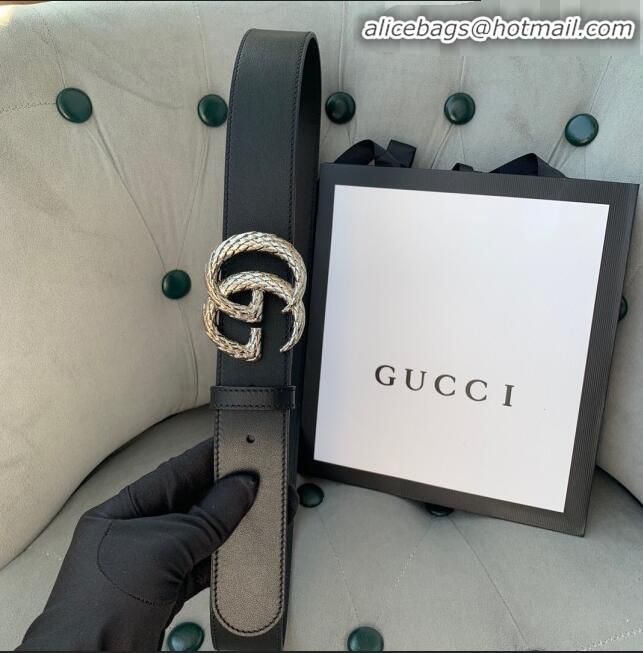 Classic Gucci Calfskin Belt Width 38mm with Carved GG Buckle 20335 Black/Silver