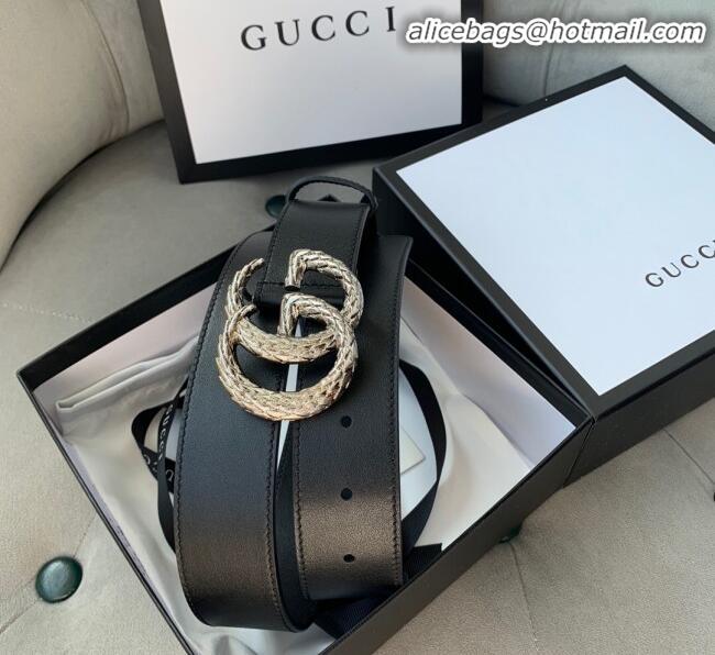 Classic Gucci Calfskin Belt Width 38mm with Carved GG Buckle 20335 Black/Silver