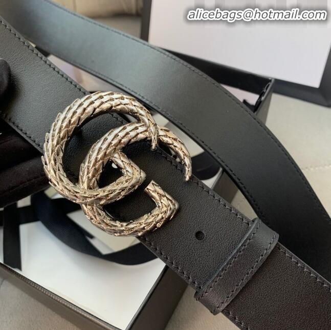 Classic Gucci Calfskin Belt Width 38mm with Carved GG Buckle 20335 Black/Silver