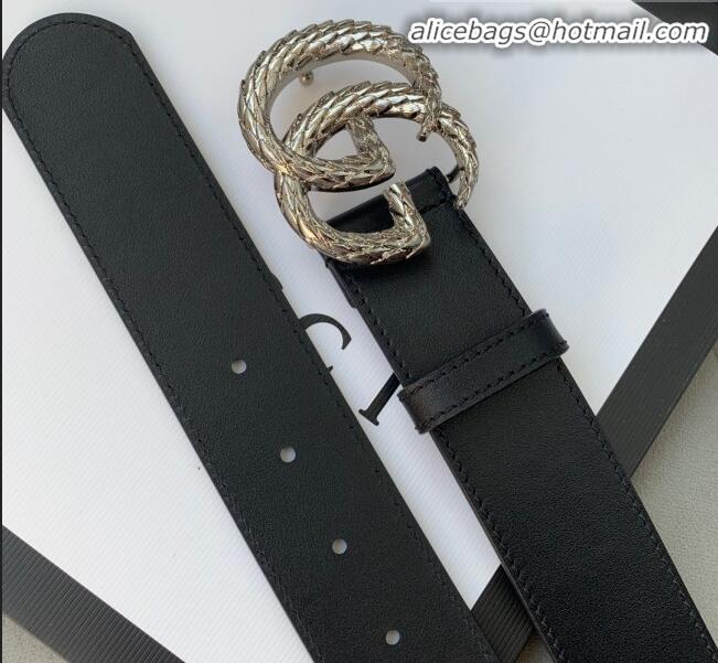 Classic Gucci Calfskin Belt Width 38mm with Carved GG Buckle 20335 Black/Silver