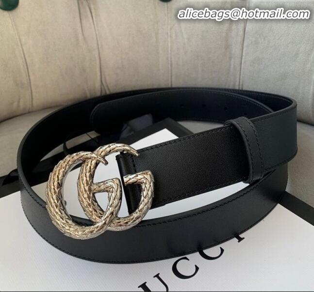 Classic Gucci Calfskin Belt Width 38mm with Carved GG Buckle 20335 Black/Silver