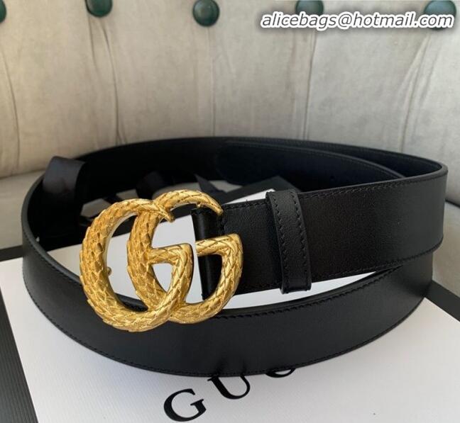 Imitation Gucci Calfskin Belt Width 38mm with Carved GG Buckle 20335 Black/Gold