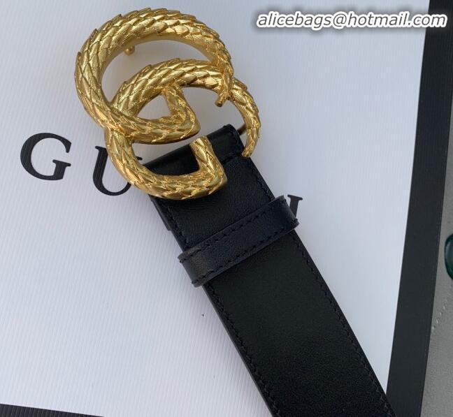 Imitation Gucci Calfskin Belt Width 38mm with Carved GG Buckle 20335 Black/Gold