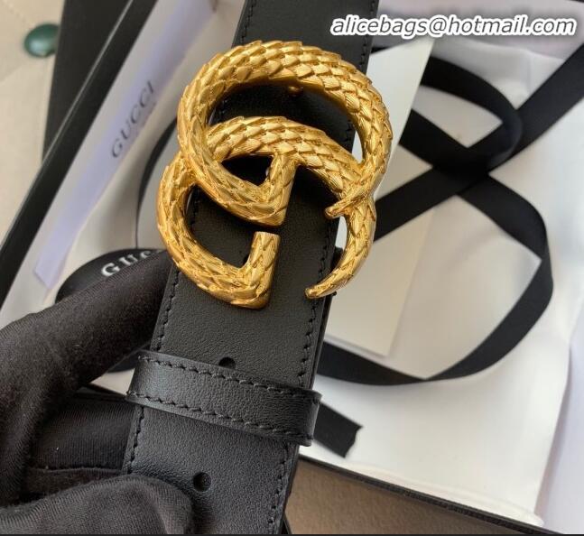 Imitation Gucci Calfskin Belt Width 38mm with Carved GG Buckle 20335 Black/Gold