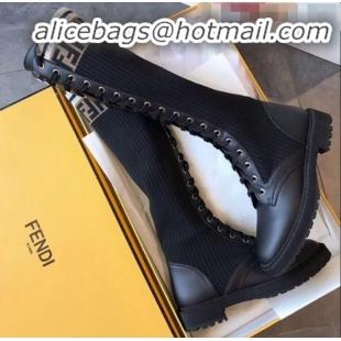 Affordable Price Fendi Calfskin and Knit Stretch Sock Lace-up Flat High Boots G91913 Black 2020