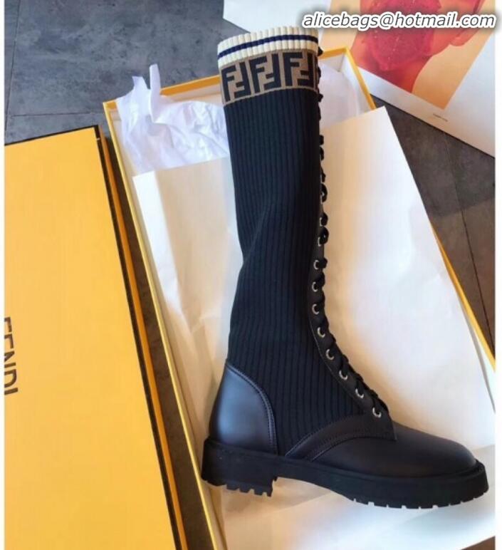 Affordable Price Fendi Calfskin and Knit Stretch Sock Lace-up Flat High Boots G91913 Black 2020