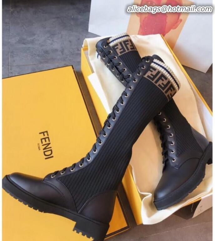 Affordable Price Fendi Calfskin and Knit Stretch Sock Lace-up Flat High Boots G91913 Black 2020