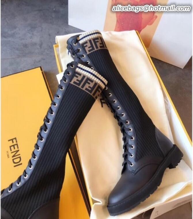 Affordable Price Fendi Calfskin and Knit Stretch Sock Lace-up Flat High Boots G91913 Black 2020