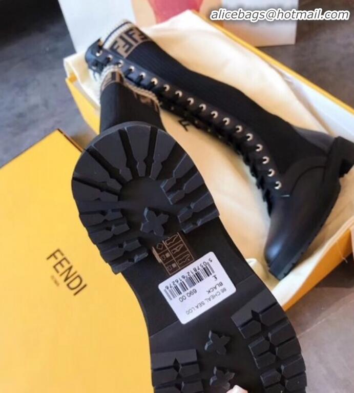 Affordable Price Fendi Calfskin and Knit Stretch Sock Lace-up Flat High Boots G91913 Black 2020