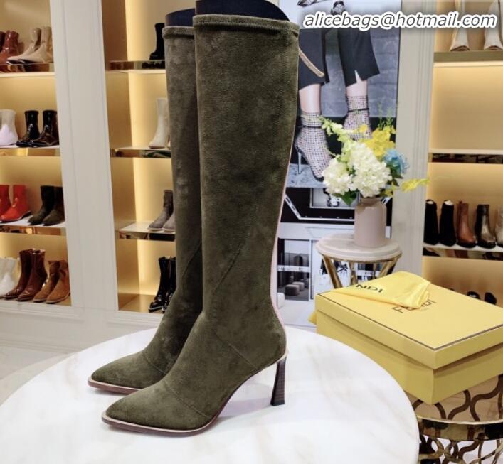 Unique Style Fendi FFreedom Stretch Fabric Heel High Boots G92336 Green 2020