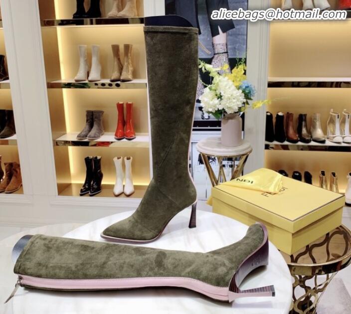 Unique Style Fendi FFreedom Stretch Fabric Heel High Boots G92336 Green 2020