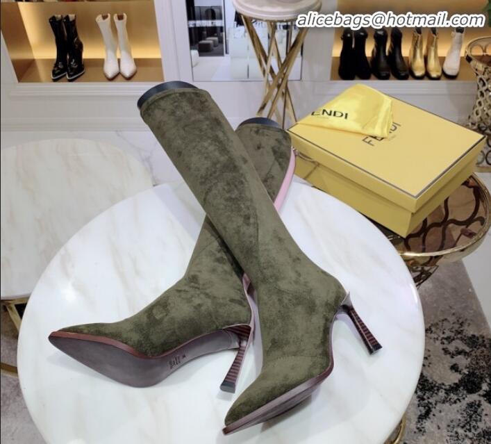 Unique Style Fendi FFreedom Stretch Fabric Heel High Boots G92336 Green 2020