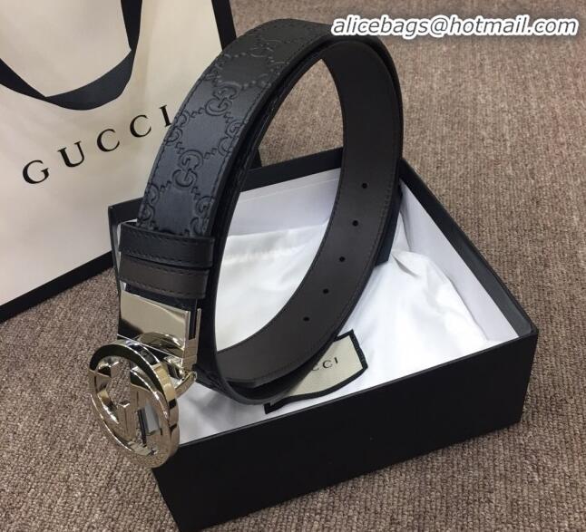 Wholesale Gucci GG Embossed Calfskin Belt Width 37mm with Interlocking G Buckle 21831 Black/Silver