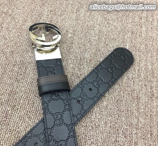 Wholesale Gucci GG Embossed Calfskin Belt Width 37mm with Interlocking G Buckle 21831 Black/Silver