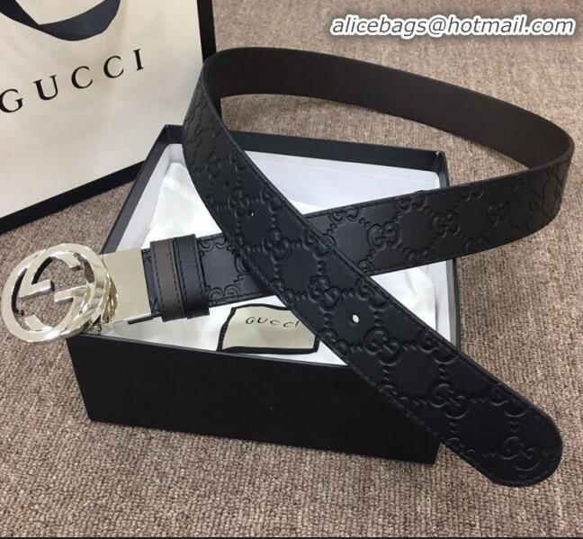 Wholesale Gucci GG Embossed Calfskin Belt Width 37mm with Interlocking G Buckle 21831 Black/Silver