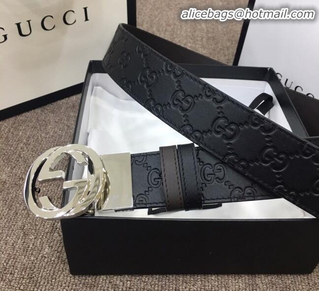 Wholesale Gucci GG Embossed Calfskin Belt Width 37mm with Interlocking G Buckle 21831 Black/Silver