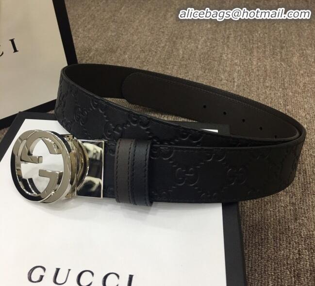 Wholesale Gucci GG Embossed Calfskin Belt Width 37mm with Interlocking G Buckle 21831 Black/Silver