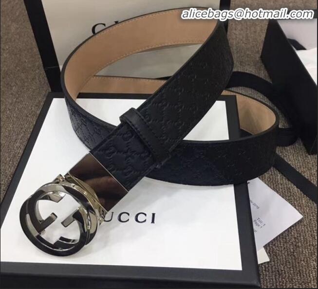 Low Price Gucci GG Star Embossed Calfskin Belt Width 40mm with Interlocking G Buckle 21408 Black