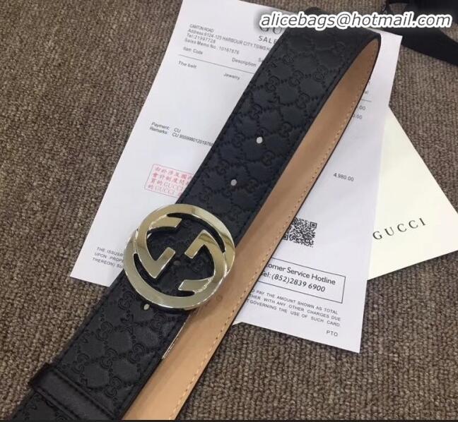 Low Price Gucci GG Star Embossed Calfskin Belt Width 40mm with Interlocking G Buckle 21408 Black