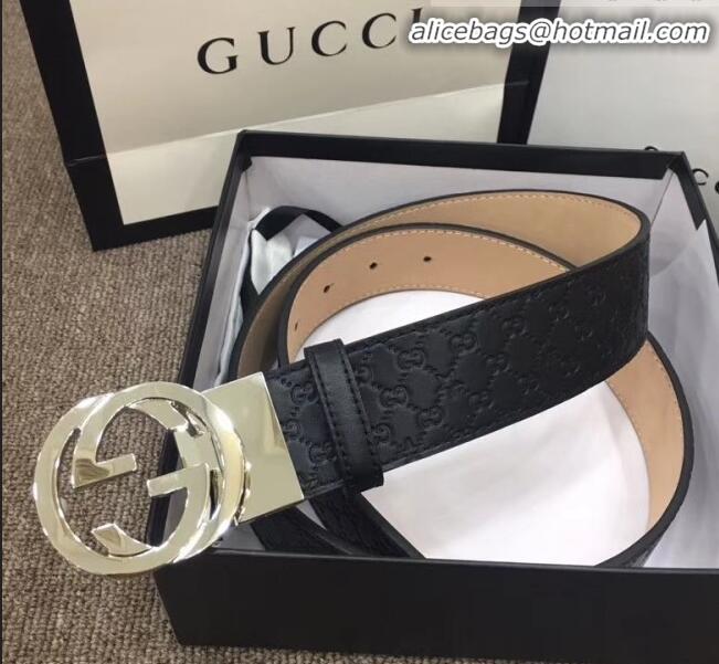 Low Price Gucci GG Star Embossed Calfskin Belt Width 40mm with Interlocking G Buckle 21408 Black