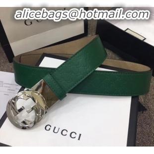 Top Quality Gucci GG Star Embossed Calfskin Belt Width 40mm with Interlocking G Buckle 21408 Green