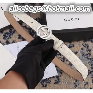 Imitation Gucci GG Embossed Calfskin Belt Width 25mm with Interlocking G Buckle 21409 White