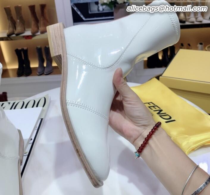 Unique Style Fendi FFrame Stitching Glossy Flat Short Boots G92350 White 2020