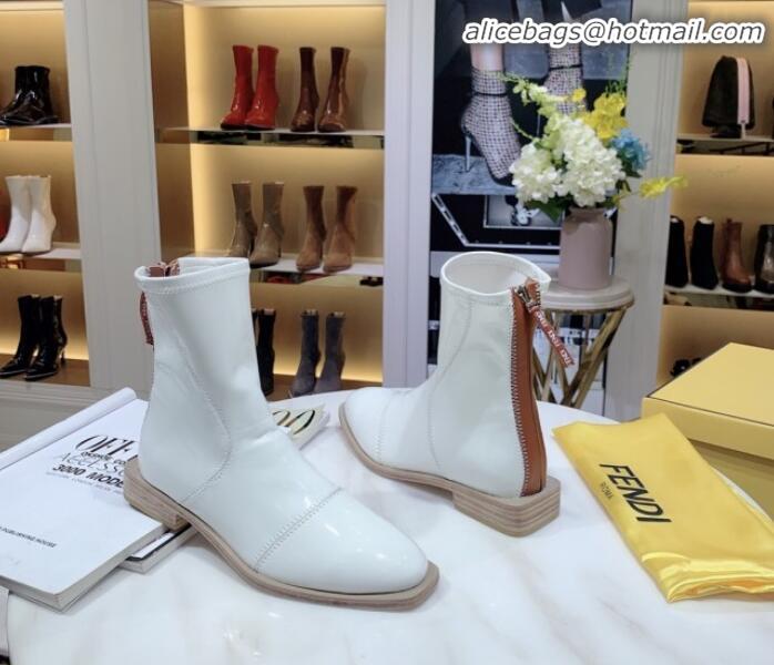 Unique Style Fendi FFrame Stitching Glossy Flat Short Boots G92350 White 2020