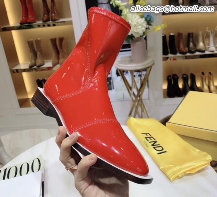 Shop Duplicate Fendi FFrame Stitching Glossy Flat Short Boots G92350 Red 2020