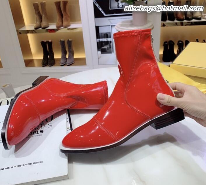 Shop Duplicate Fendi FFrame Stitching Glossy Flat Short Boots G92350 Red 2020