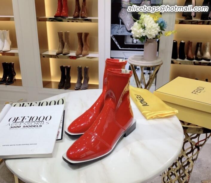 Shop Duplicate Fendi FFrame Stitching Glossy Flat Short Boots G92350 Red 2020