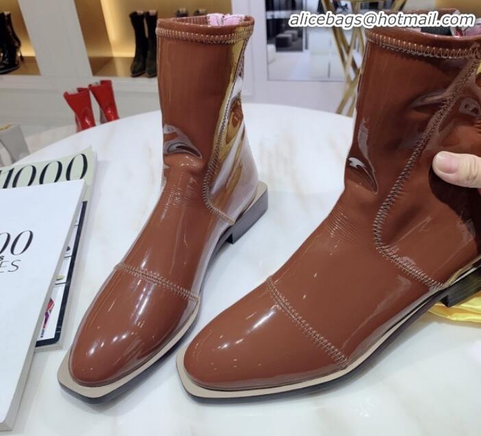 Popular Style Fendi FFrame Stitching Glossy Flat Short Boots G92350 Brown 2020