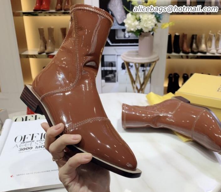 Popular Style Fendi FFrame Stitching Glossy Flat Short Boots G92350 Brown 2020