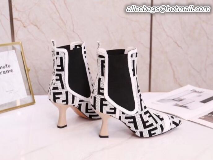 Good Quality Fendi Colibrì FF Fabric Pointed Heel Short Boots G01519 White 2020