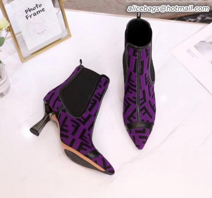 Discount Fendi Colibrì FF Fabric Pointed Heel Short Boots G01519 Purple 2020